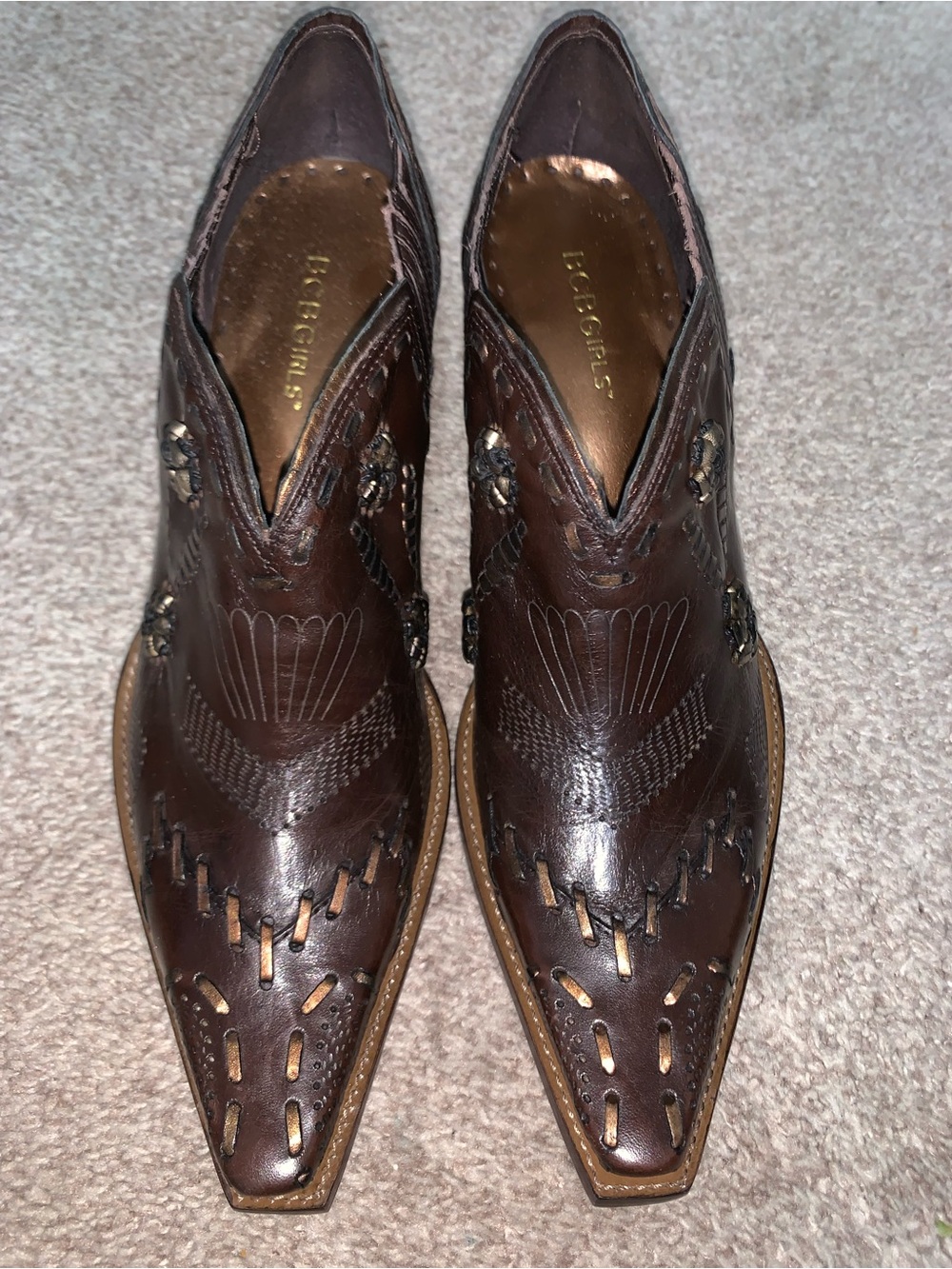 BCBGirls Brown Embossed Western Ankle Booties with Stud Accents - Picture 2 of 7